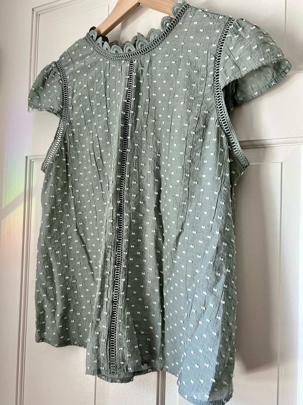 MINE Sage Green Swiss Dot Scalloped Crochet Trim Blouse L